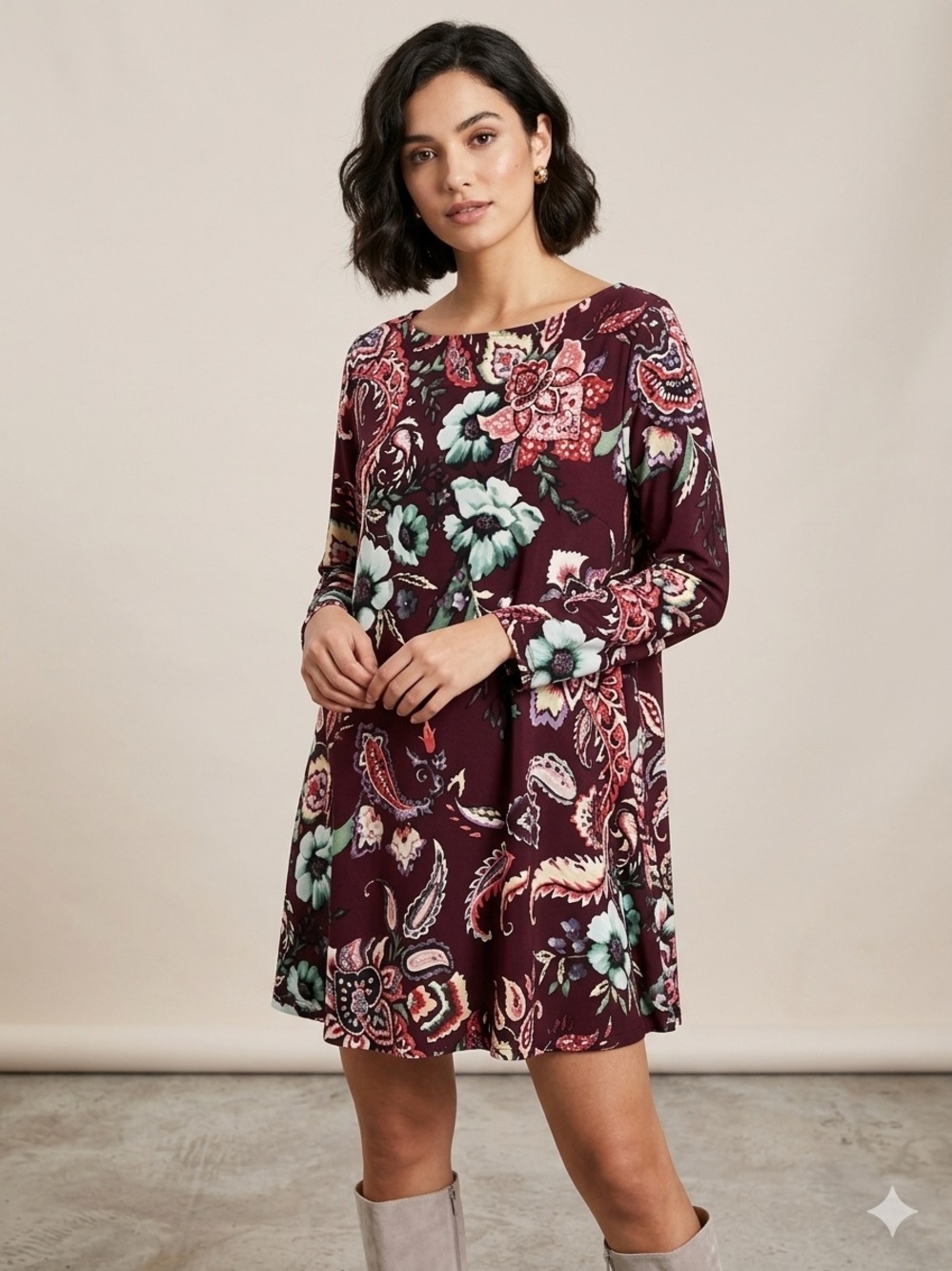 Chico's Maroon Paisley Floral Tunic Dress Size 2 / Large Boho Stretch LongSleeve